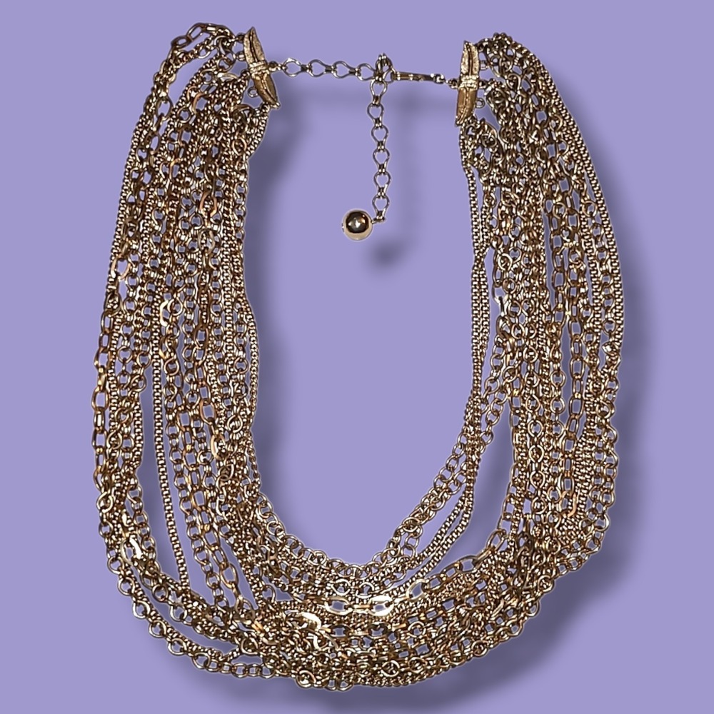 Vintage Gold Tone Multi Strand Chain Necklace Bib Collar Adjustable Statement